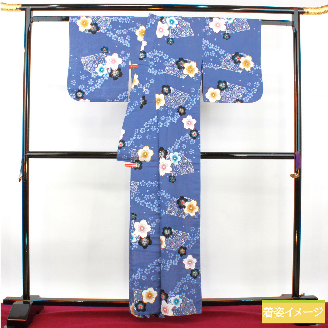 Yukata Cotton Length 160cm Sleeve length 64cm S rank Single layer Blue Edo-nandou color Cherry blossom Folding fan 1118005192417