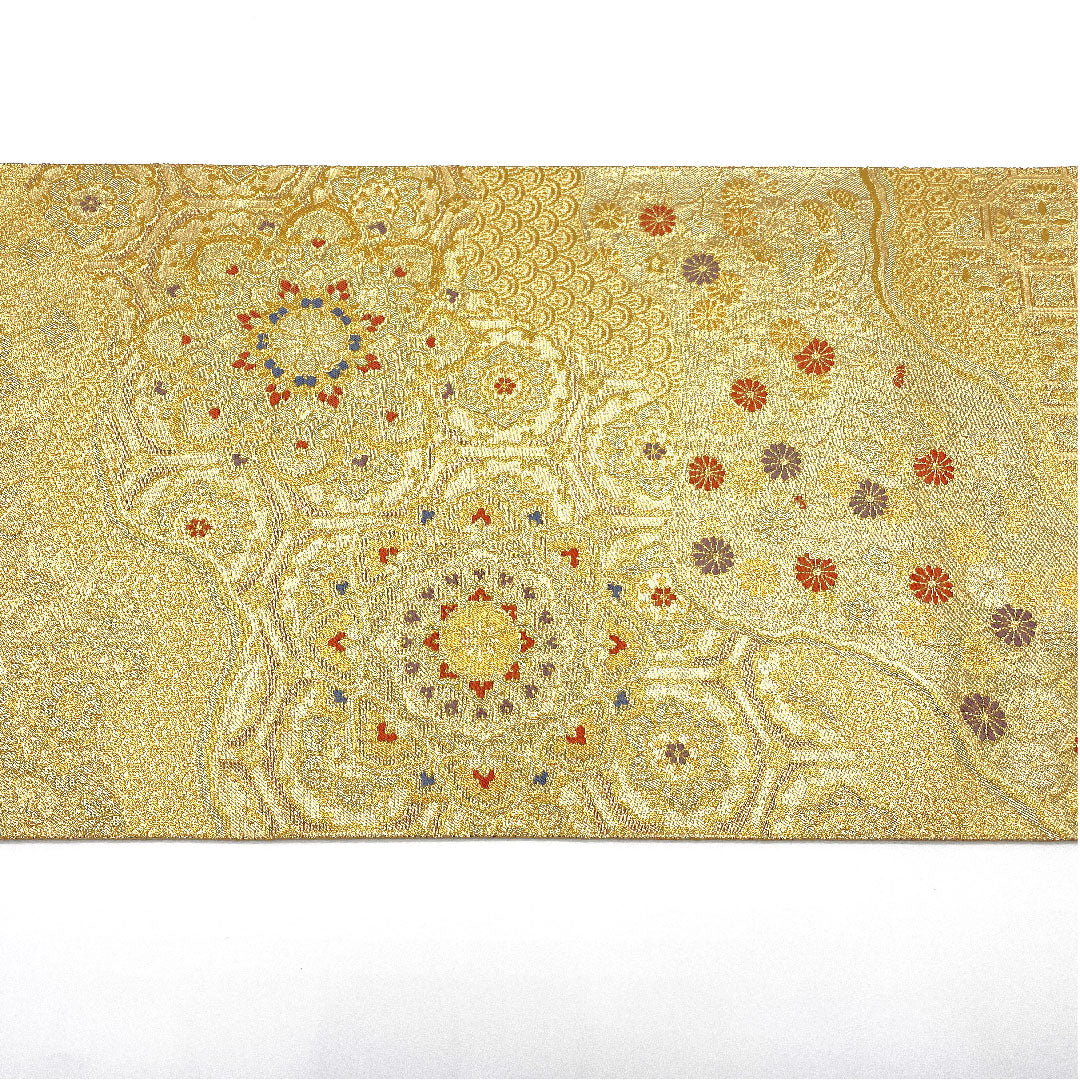 [Unhemmed] Fukuro Obi, Silk, S Rank, Dochō Autumn Grass and Floral Motif, Nagashima Textile, Length 428cm, Rokutsu, Formal, Gold, 1123004692321