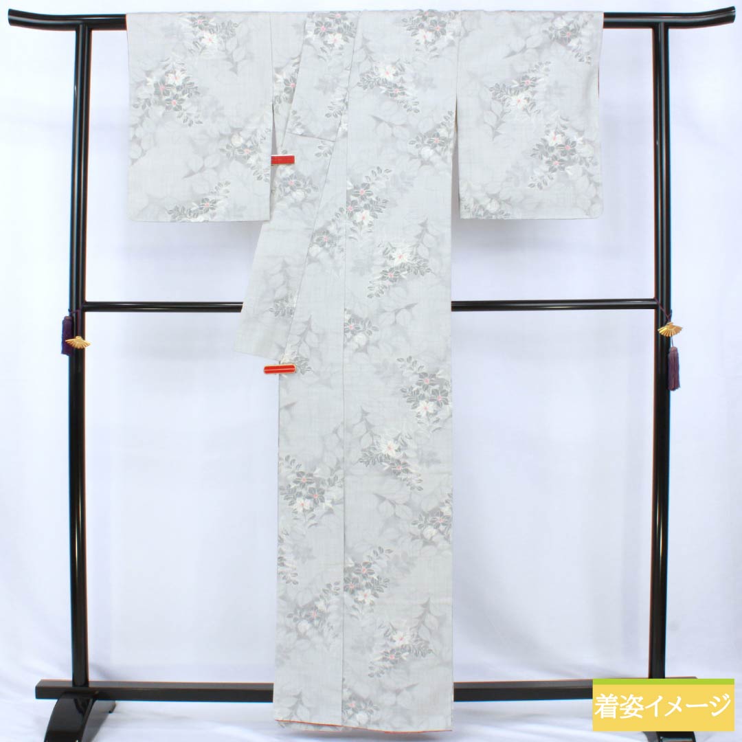 紬 正絹 Sランク 身丈161.5cm 裄丈64.5cm 白鼠色（しろねずいろ） 草花模様 袷 グレー系 1116005082422