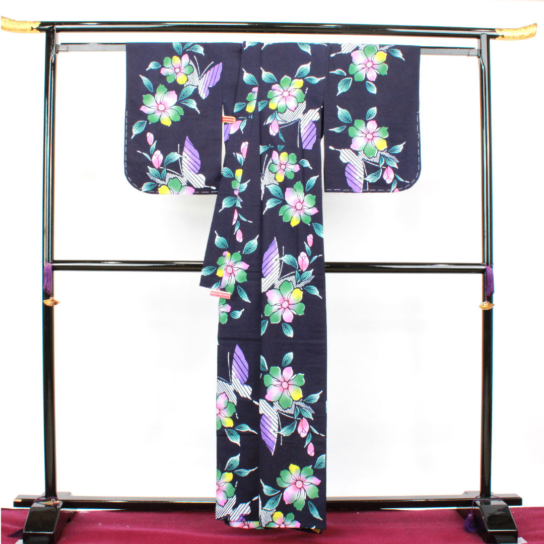 浴衣 濃紺色 草花模様 木綿 Sランク 単衣 身丈161.5cm 裄丈64cm 紺系 1118001982418