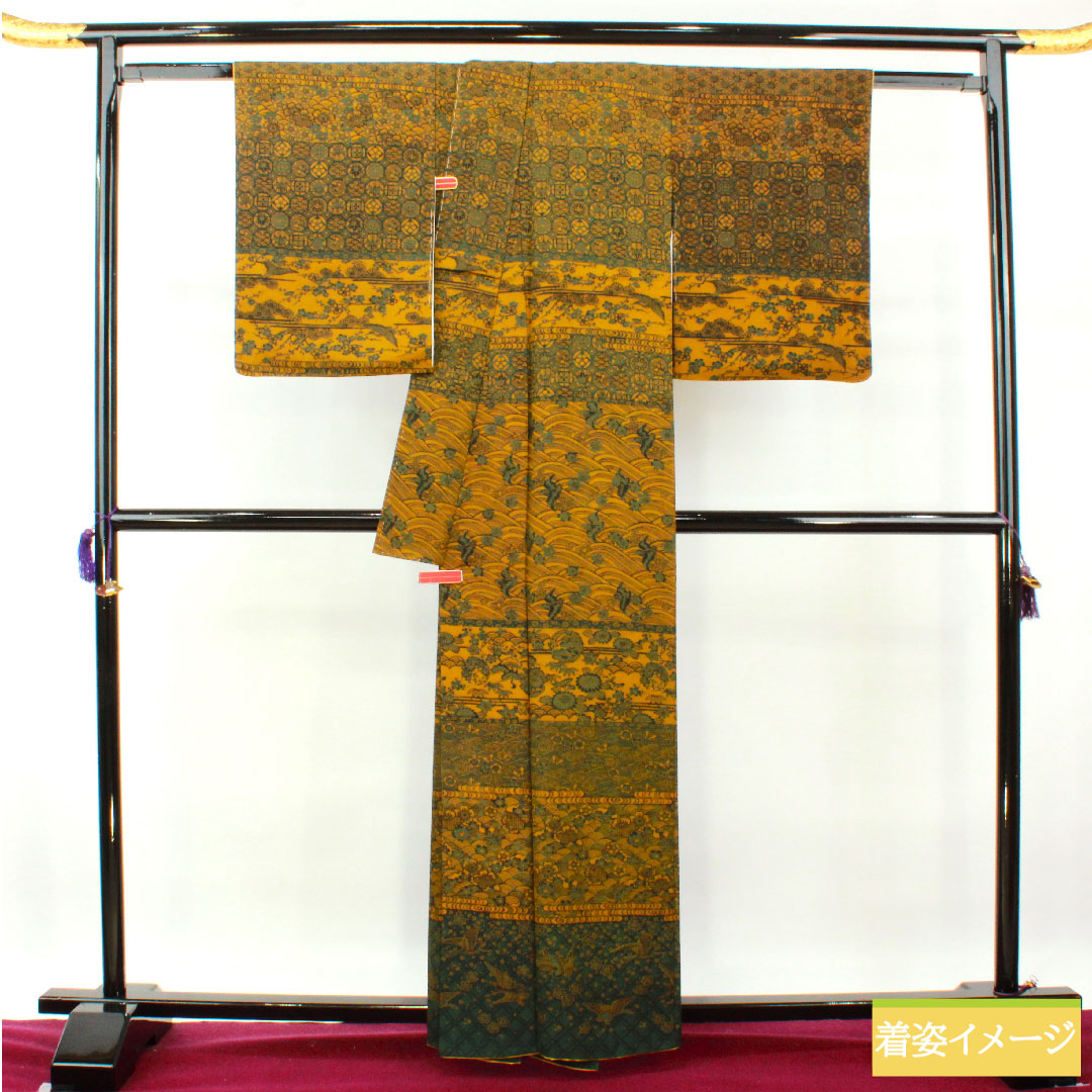 Small pattern, pure silk, length 161.5cm, sleeve length 65cm, lined, yellow oak color, stencil dyeing, auspicious motif, S rank, yellow, 1115004192423