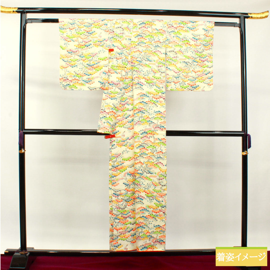 小紋 クリーム系 身丈152.5cm 裄丈67.5cm 袷  乳白色 松 鶴  正絹 Aランク 1115003743215