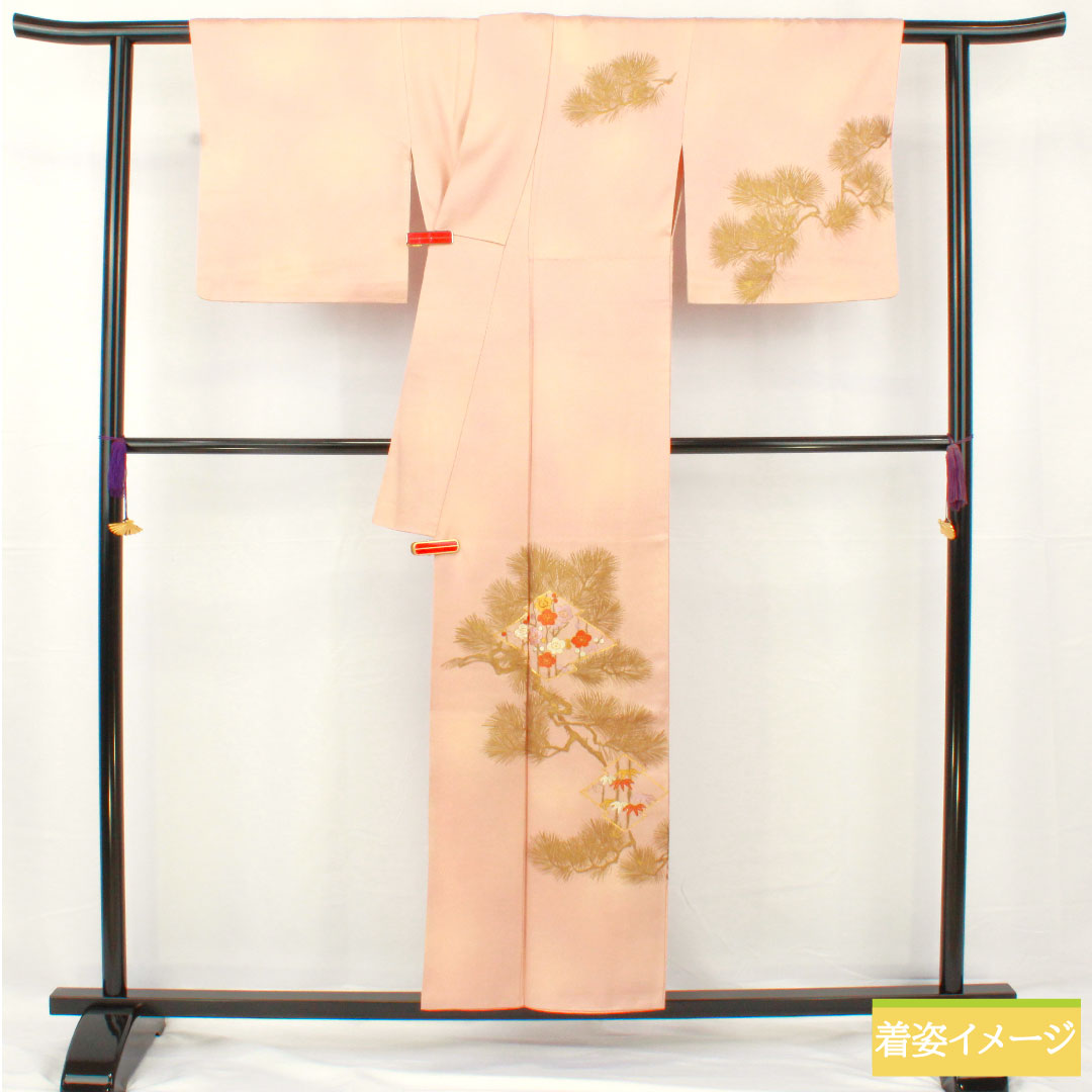 付け下げ 正絹 袷 身丈154cm 裄丈63cm 今様色（いまよういろ） 京友禅 刺繍 松皮菱 松竹梅  Aランク ピンク系 1112005643213