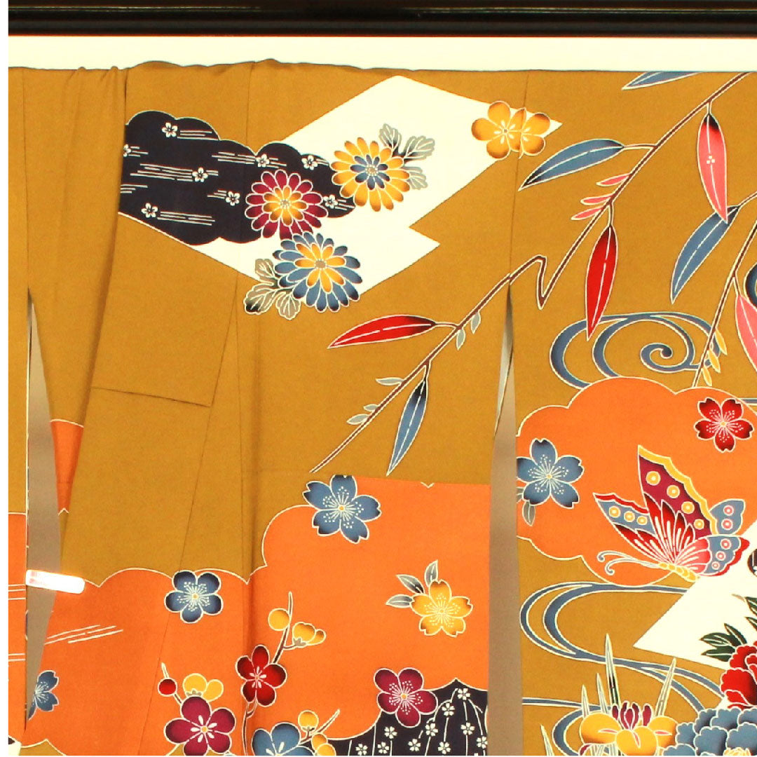振袖+長襦袢セット 身丈169.5cm 裄丈68cm 袷  京紅型 蝶 菊  菖蒲  正絹 Aランク 黄系 1113000453523