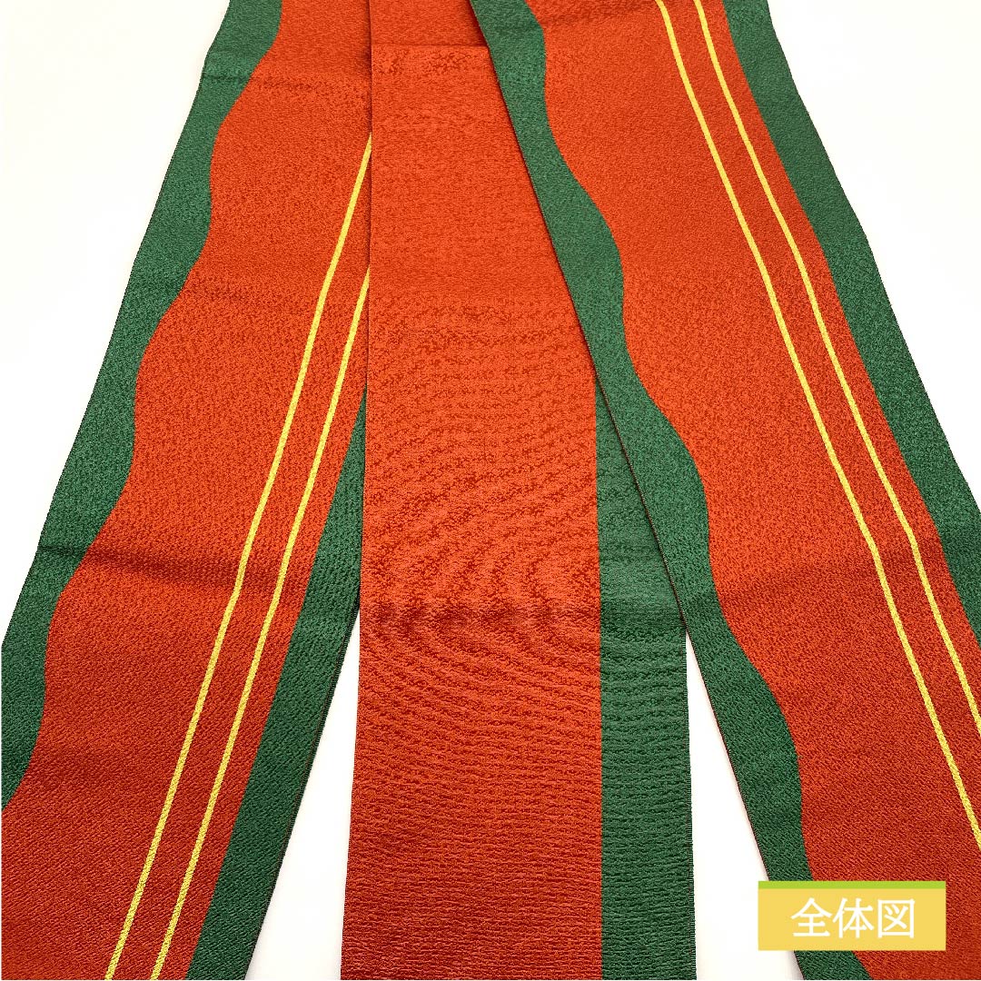 [Unhemmed] Half-width obi, polyester, S-rank, cinnabar red, stripes, geometric pattern, simple, reversible, obi length 400cm, vermillion tones 1125001082416