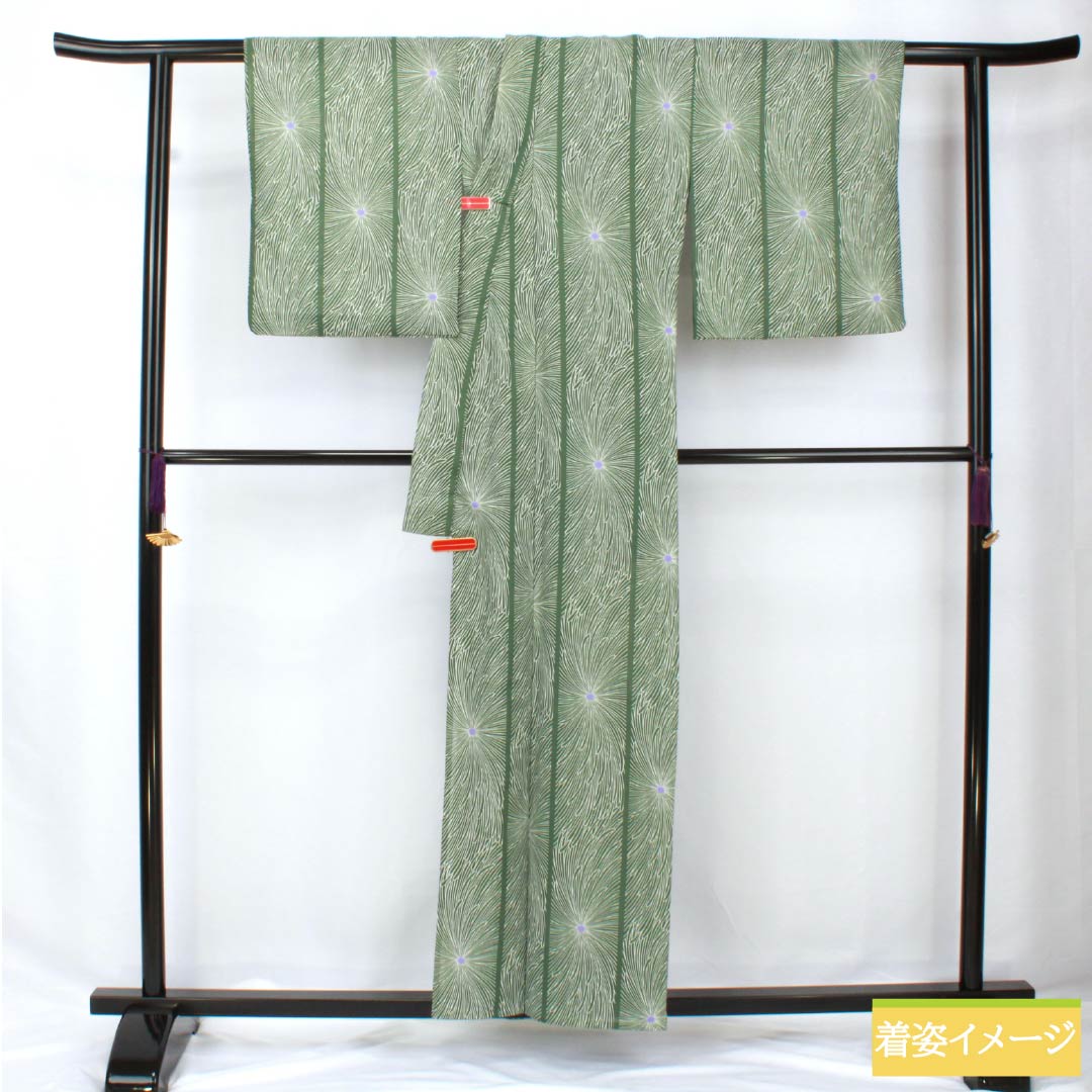 夏物 ポリエステル 小紋 身丈158cm 裄丈66cm 夏虫色（なつむしいろ） 乱菊 洗える着物 紗 Sランク 緑系 1132002162319