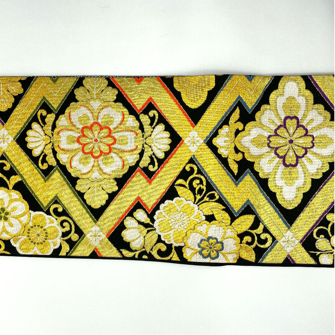 Fukuro Obi for Furisode, Matsukawabishi, Flower Pattern, Length 440cm, Pure Silk, S Rank, Six-way, Formal, Black, 1123004512310