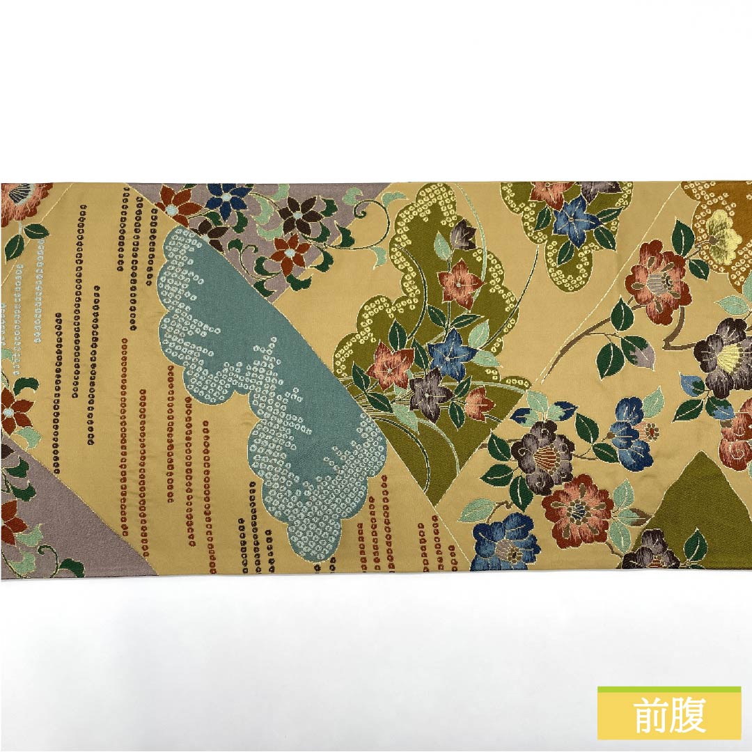 Formal beige obi, pure silk, golden yellow, by Hakuryoen Oba, featuring peony and bellflower designs, suitable for formal kimono (tomesode). Length: 434cm, S rank, six-fold hem. Product code: 1123014192325.