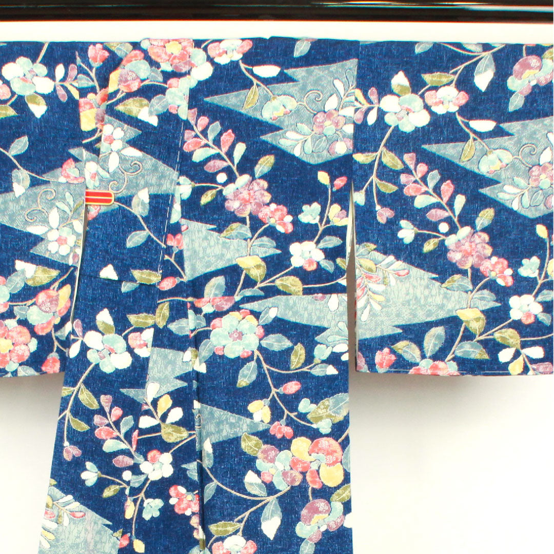 小紋 身丈158cm 裄丈64cm 袷  紺桔梗色 草花模様  正絹 Sランク 紺系 1115002512318