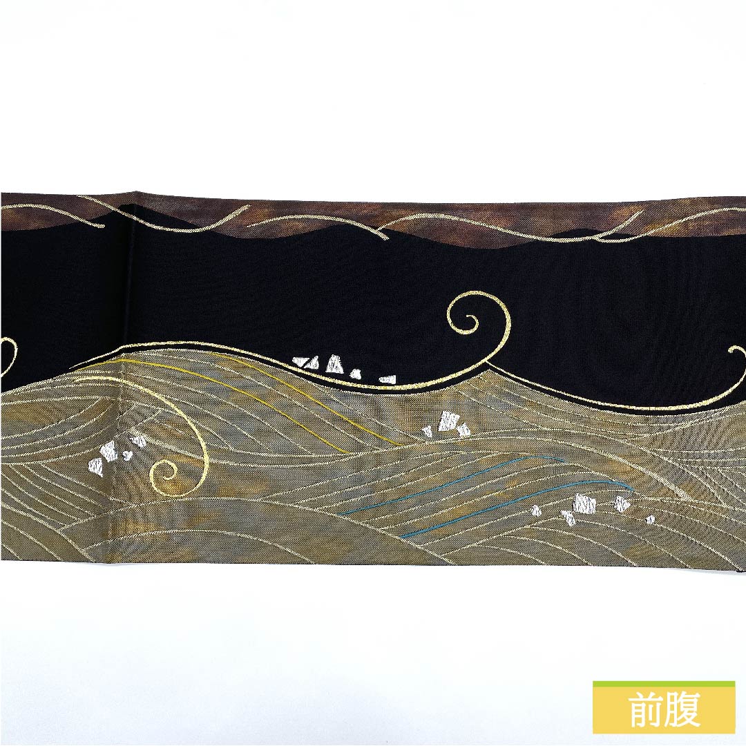 Fukuro Obi, Pure Silk, Black, Dyed with Wave Pattern, Length 436cm, S Rank, Six-way, Semi-formal, Black, 1123011472310