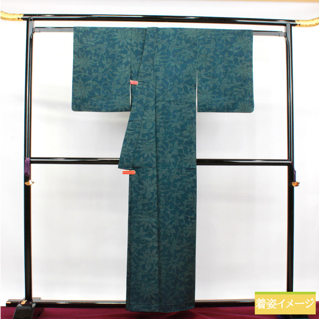 紬 正絹 身丈158cm 裄丈62.5cm  高麗納戸色 草花模様 胴抜き仕立 Sランク 胴抜き 緑系 1116002922319