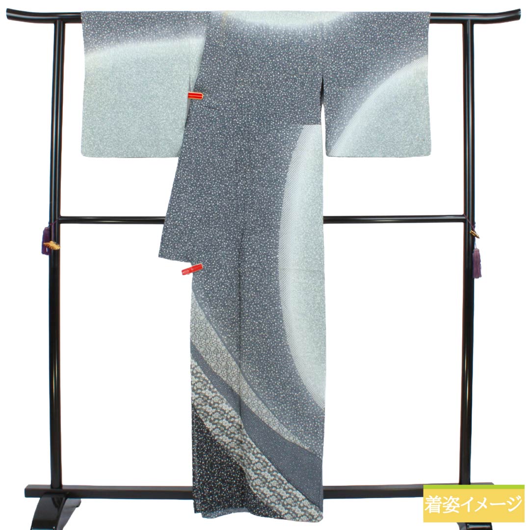 夏物 正絹 訪問着 Aランク 身丈161.5cm 裄丈66cm 浅葱鼠色（あさぎねずいろ） 竪絽 江戸小紋 タタキ染 絽 青系 1132005043417