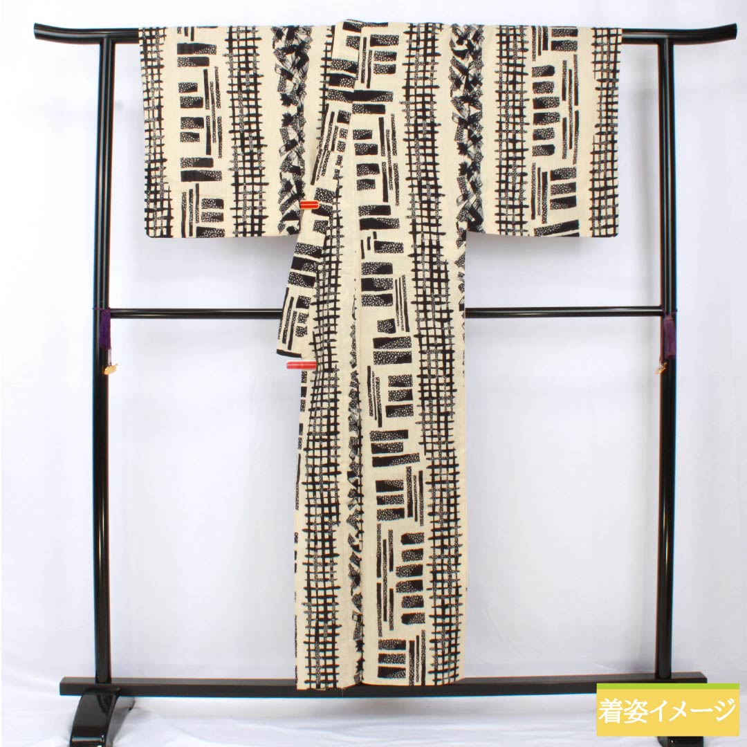 Men's yukata, cotton-linen blend, length 154cm, sleeve length 71.5cm, A rank, unlined, beige (tonoko-iro), geometric pattern, 1118005423225