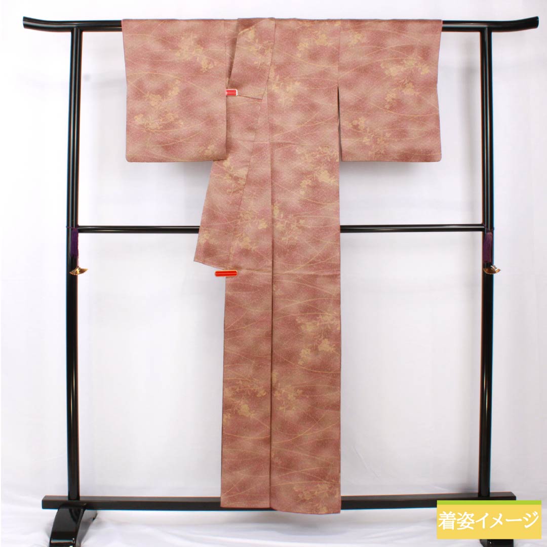 Komon, pure silk, length 157.5cm, sleeve length 62.5cm, lined, chestnut plum color, water persimmon color, stencil dyeing, dew grass, flowers, S rank, gradation type, 1115005392399