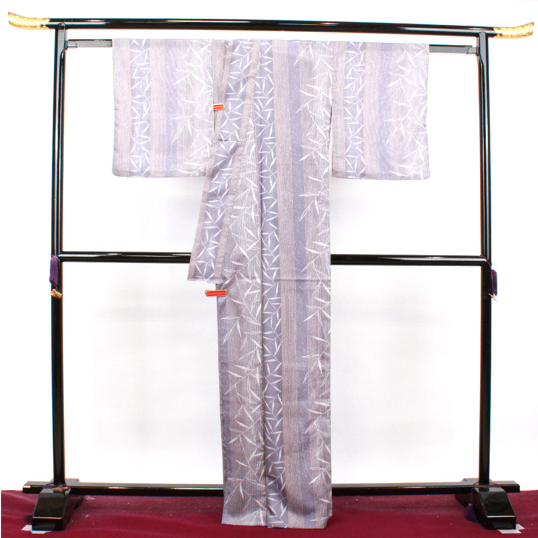 Summer kimono, polyester, small pattern, length 166cm, sleeve length 65cm, medium-light purple, bamboo leaves, stripes, washable kimono, silk, S rank, purple, 1132001482520
