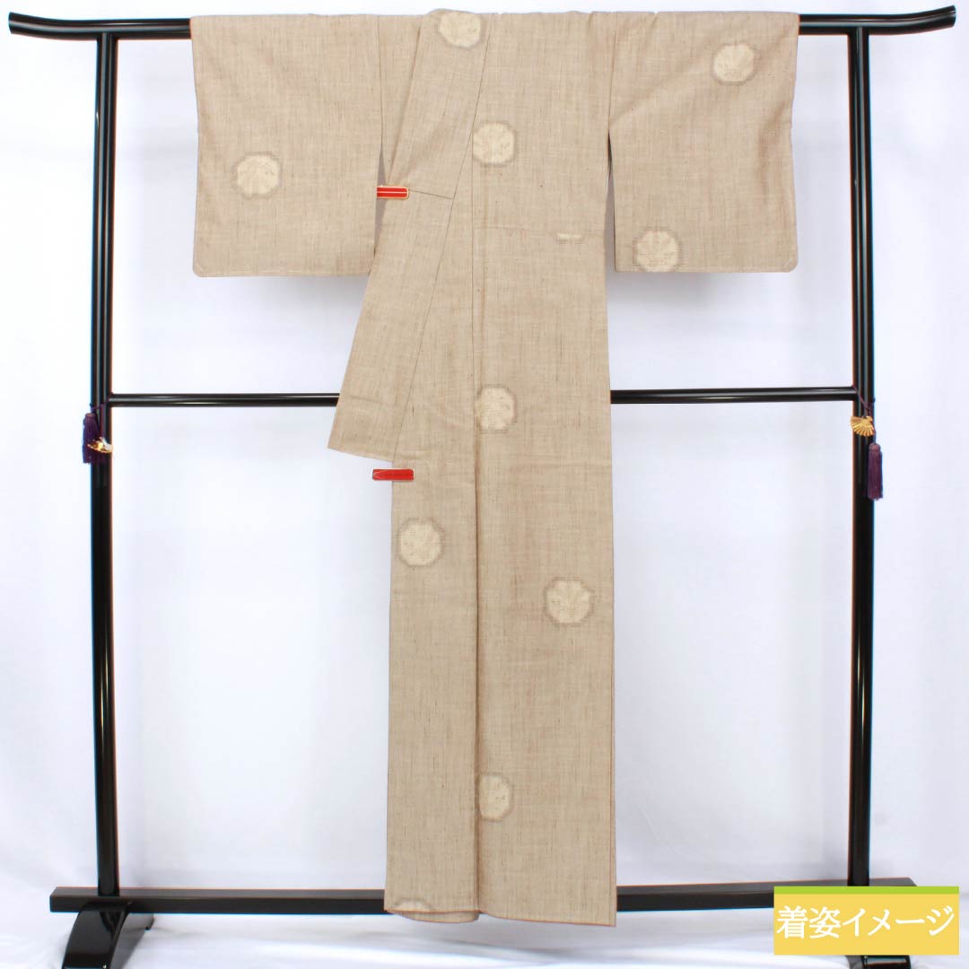 Pure silk tsumugi (pongee) kimono, S-rank, length 156.5cm, sleeve length 63.5cm, white oak color (shirotsurubamii), silk tsumugi with abstract pattern, basting thread included, lined, beige, product number 1116004552325