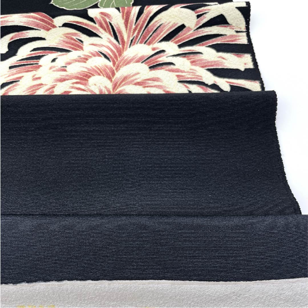 Fabric, Komon, Pure Silk, Black, Tango Chirimen, Chrysanthemum Thread, Floral Pattern, New Rank, Black, 1130001021910
