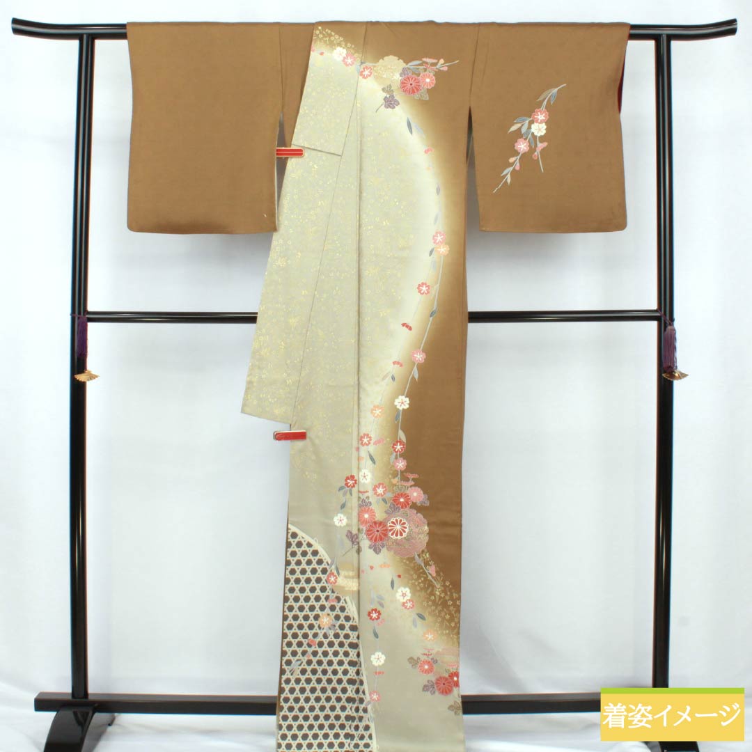 訪問着 正絹 Sランク 袷 身丈169cm 裄丈68cm 糞色（ばばいろ） 京友禅 竹垣 花 橙系 1112006492526
