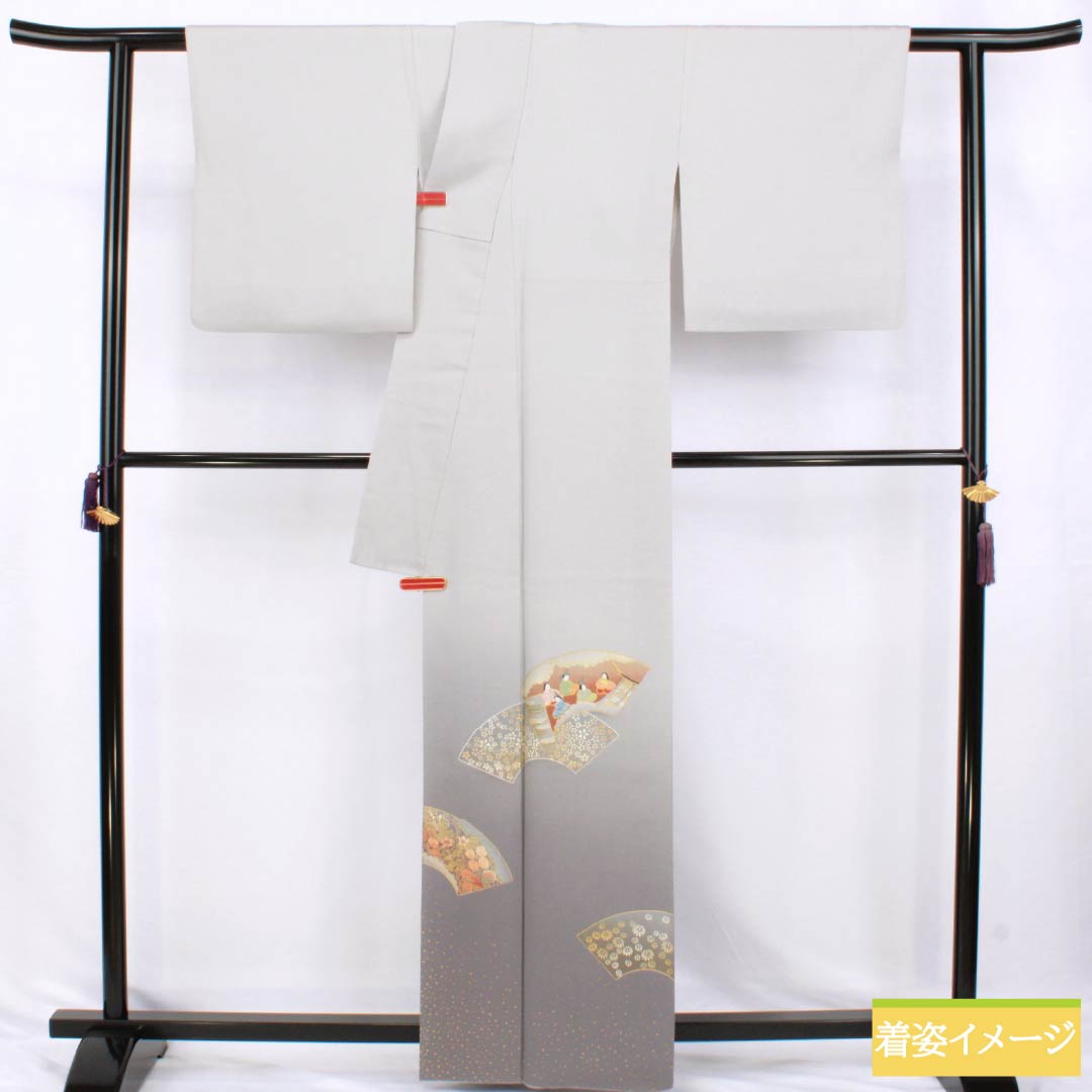 Colored Tomesode, Length 162cm, Sleeve Length 65.5cm, Amethyst Color, Living National Treasure, Fukuda Yoshishige, Fan Surface, Swallowtail Butterfly, Pure Silk, S Rank, One Crest, Gray, 1111000432422