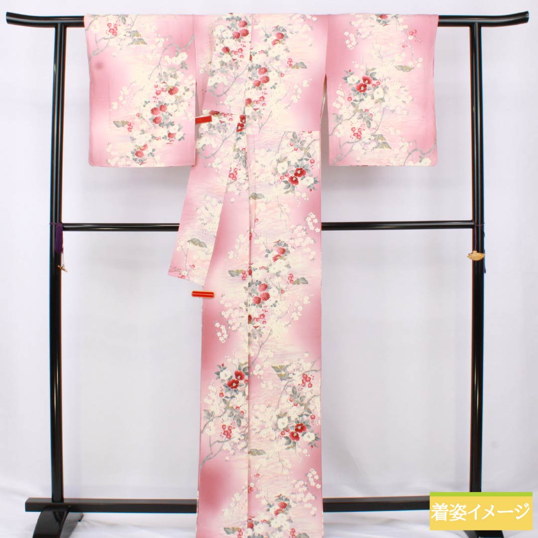 Komon silk S-rank kimono, length 163cm, sleeve length 68cm, lined, one-kin dyed, Kyoto Yuzen pattern, floral motif, pink, with basting thread, product number 1115007132413