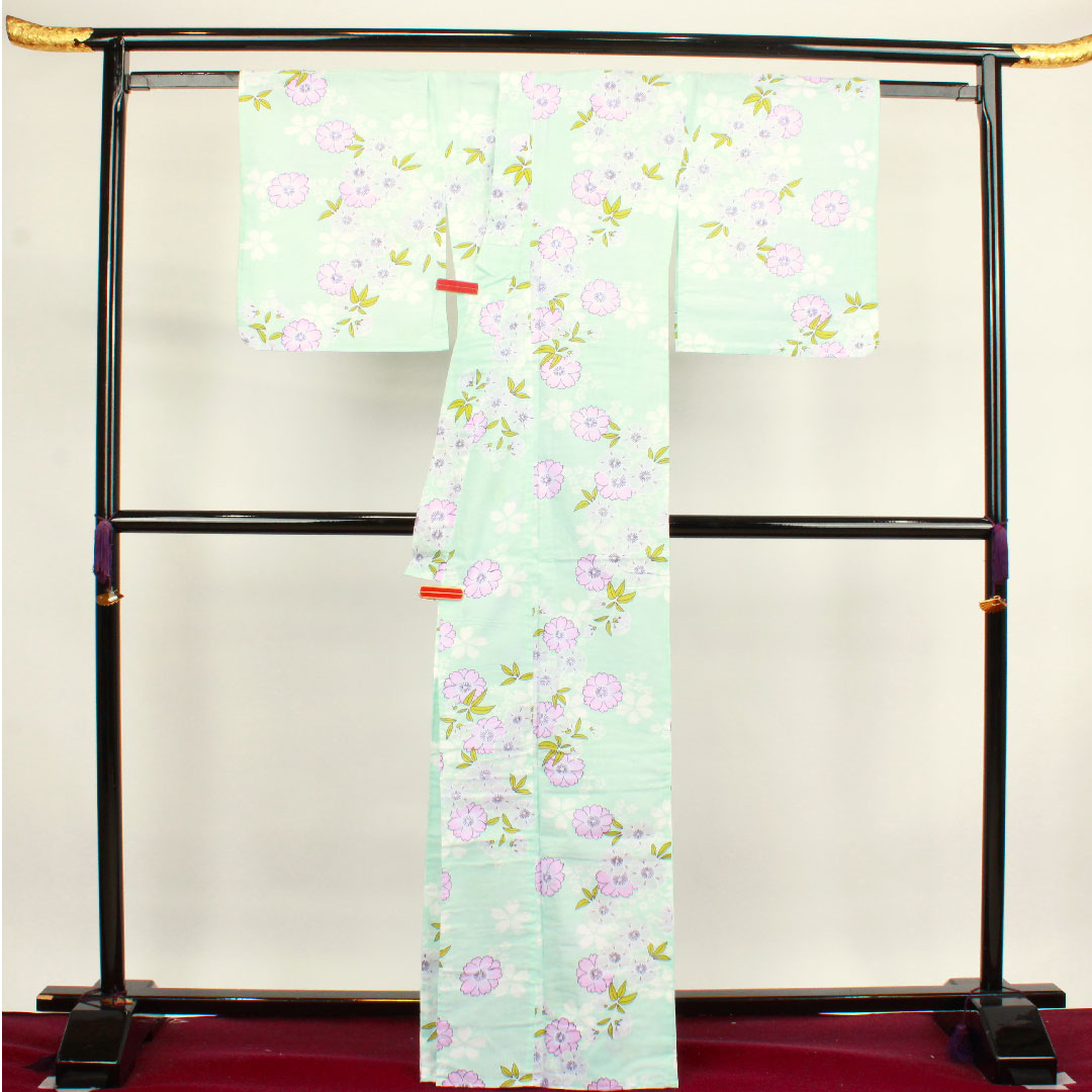 浴衣 瓶覗色 桜 木綿 Sランク 単衣 身丈166cm 裄丈65cm 水色系 1118002642524
