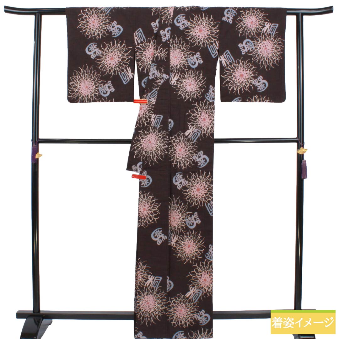浴衣 木綿 Sランク 身丈166cm 裄丈67cm 臙脂墨色（えんじずみいろ） こむさでもーど 菊 桐 単衣 茶系 1118007002514