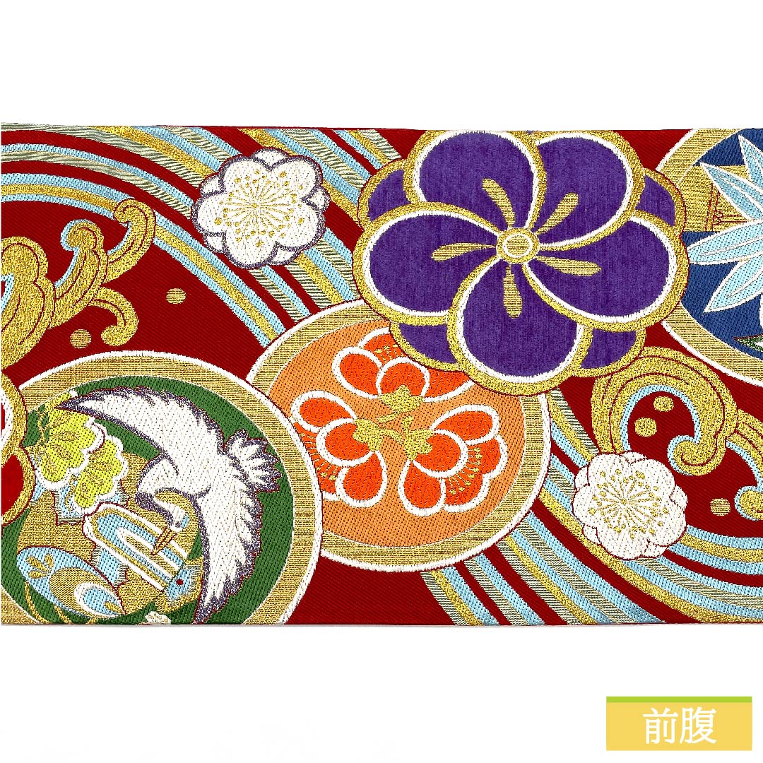 Fukuro Obi, pure silk, Torukoakairo (red), flowing water, twisted plum, pine, bamboo and plum, circle with crane, obi length 444cm, A rank, six-pass, formal, red, 1123011573312