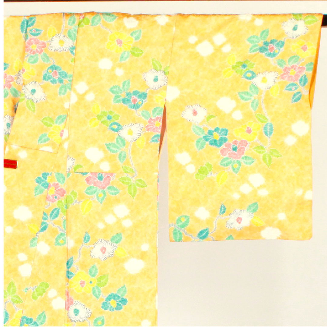 Komon, Length 159cm, Sleeve length 63cm, Awase, Shibori, Floral pattern, Pure silk, B rank, Yellow, 1115001924323