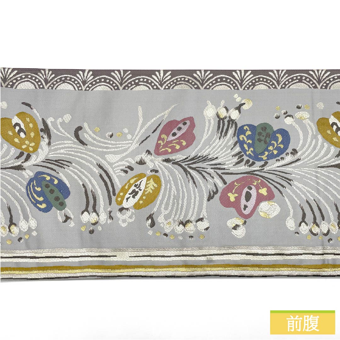 Fukuro Obi, Pure Silk, Mercury Color, Abstract Flowers, Length 434cm, S Rank, Six-way, Casual, Gray, 1123013012322