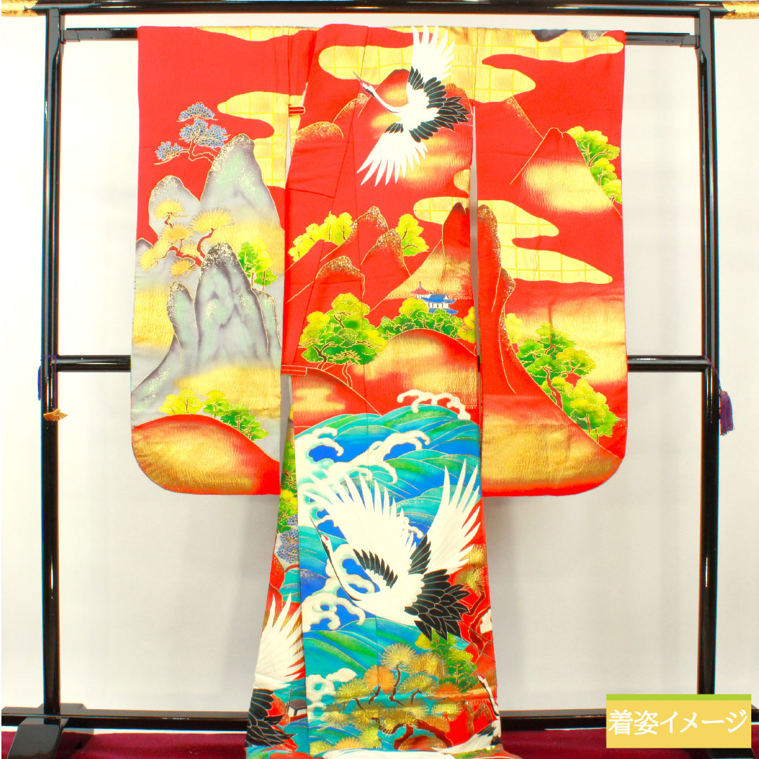 Colored uchikake, pure silk, length 194cm, sleeve length 67cm, scarlet, Kyo-Yuzen, crane, auspicious motif, S rank, lined, red, 1110000842912
