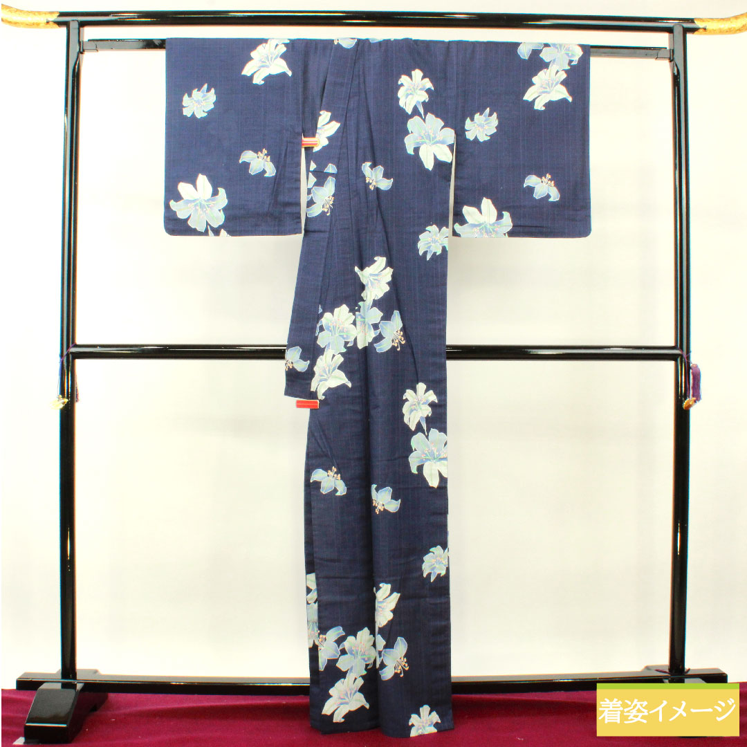浴衣 木綿 身丈166cm 裄丈64.5cm Sランク 単衣 紺系 燻色（ふすべいろ） カサブランカ 1118005142518