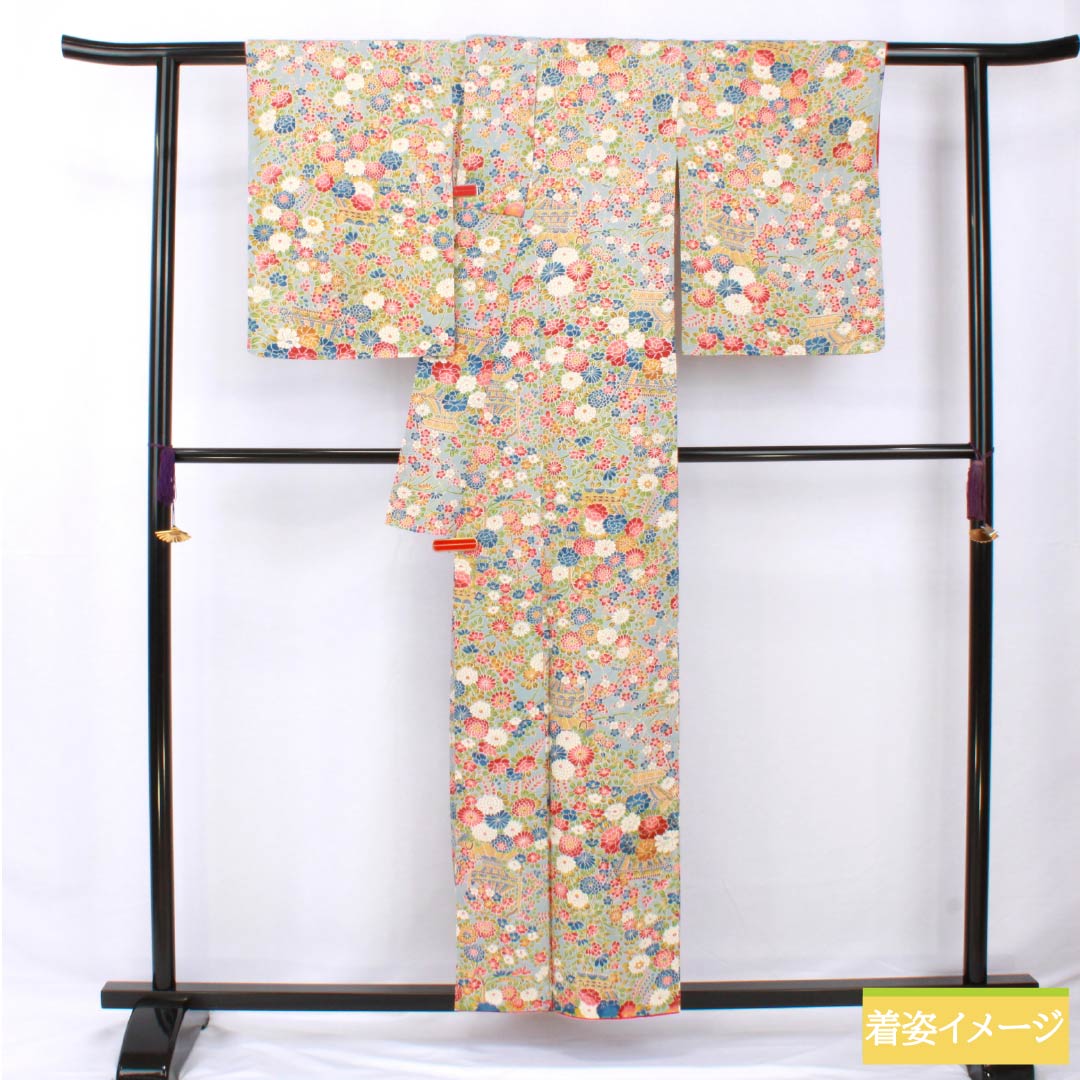 小紋 正絹 身丈156.5cm 裄丈64cm 袷 砧青磁色（きぬたせいじいろ） 花籠 Sランク 水色系 1115005792324