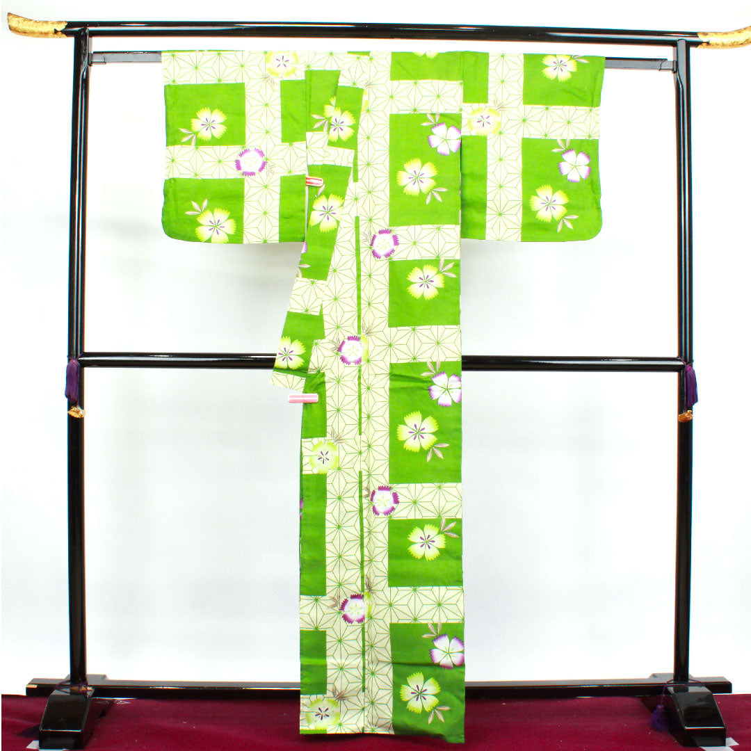 Yukata, Evergreen, Pink, Asanoha, Cotton, S Rank, Single Layer, Length 165.5cm, Sleeve Length 66cm, Green, 1118002722519