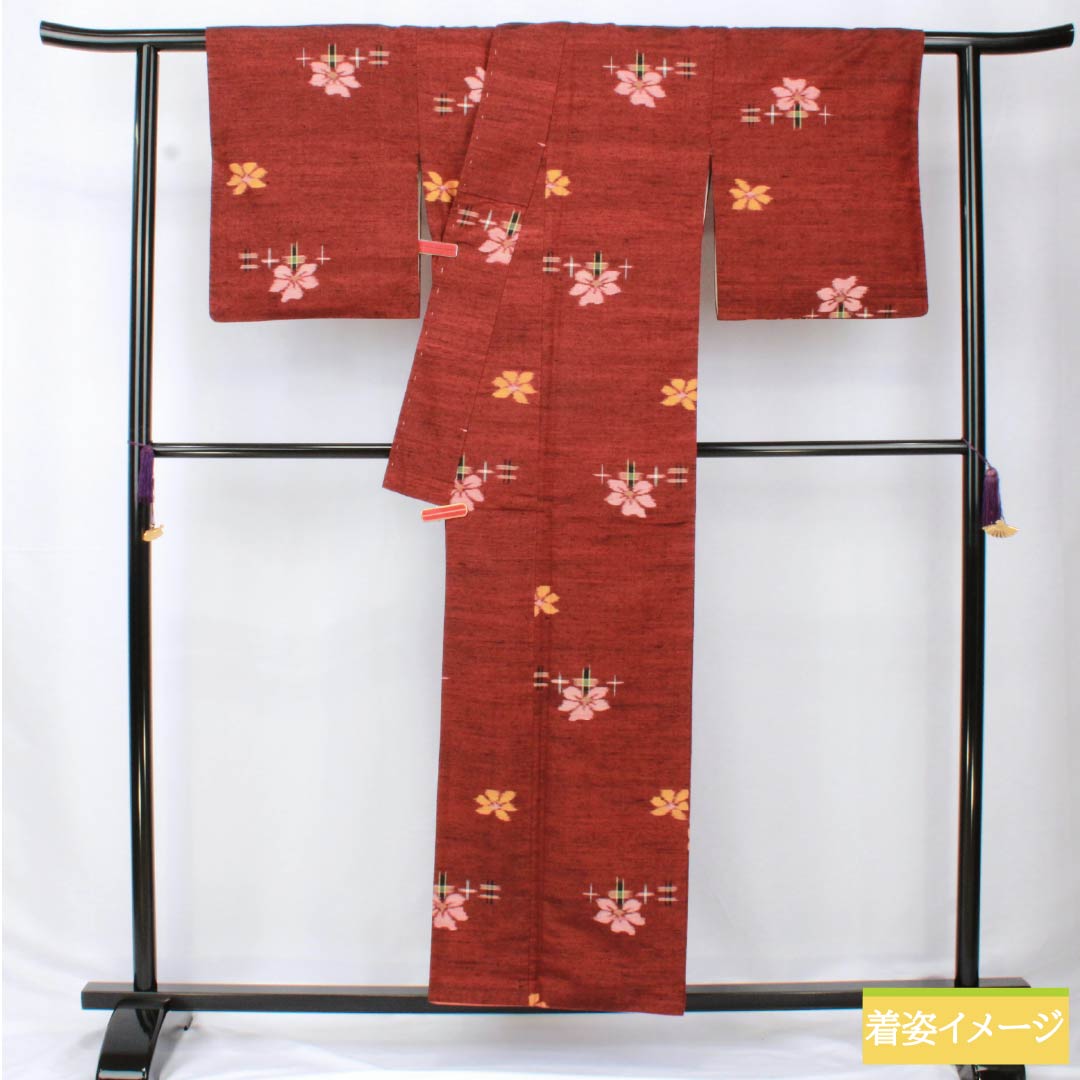 Tsumugi silk S rank, length 156cm, sleeve length 65cm, copper-red (shakudo-iro) flower pattern, kasuri, lined, brown, product number 1116003952314