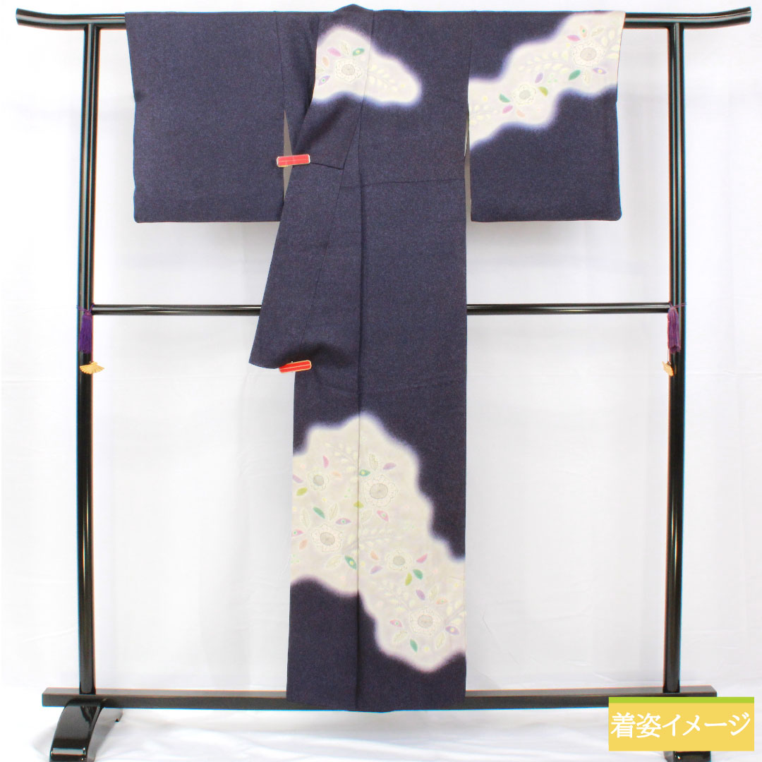 訪問着 正絹 袷 身丈154cm 裄丈63cm 鉄葡萄色（てつぶどういろ） 辻ヶ花 タタキ染 Aランク 紺系 1112005133218