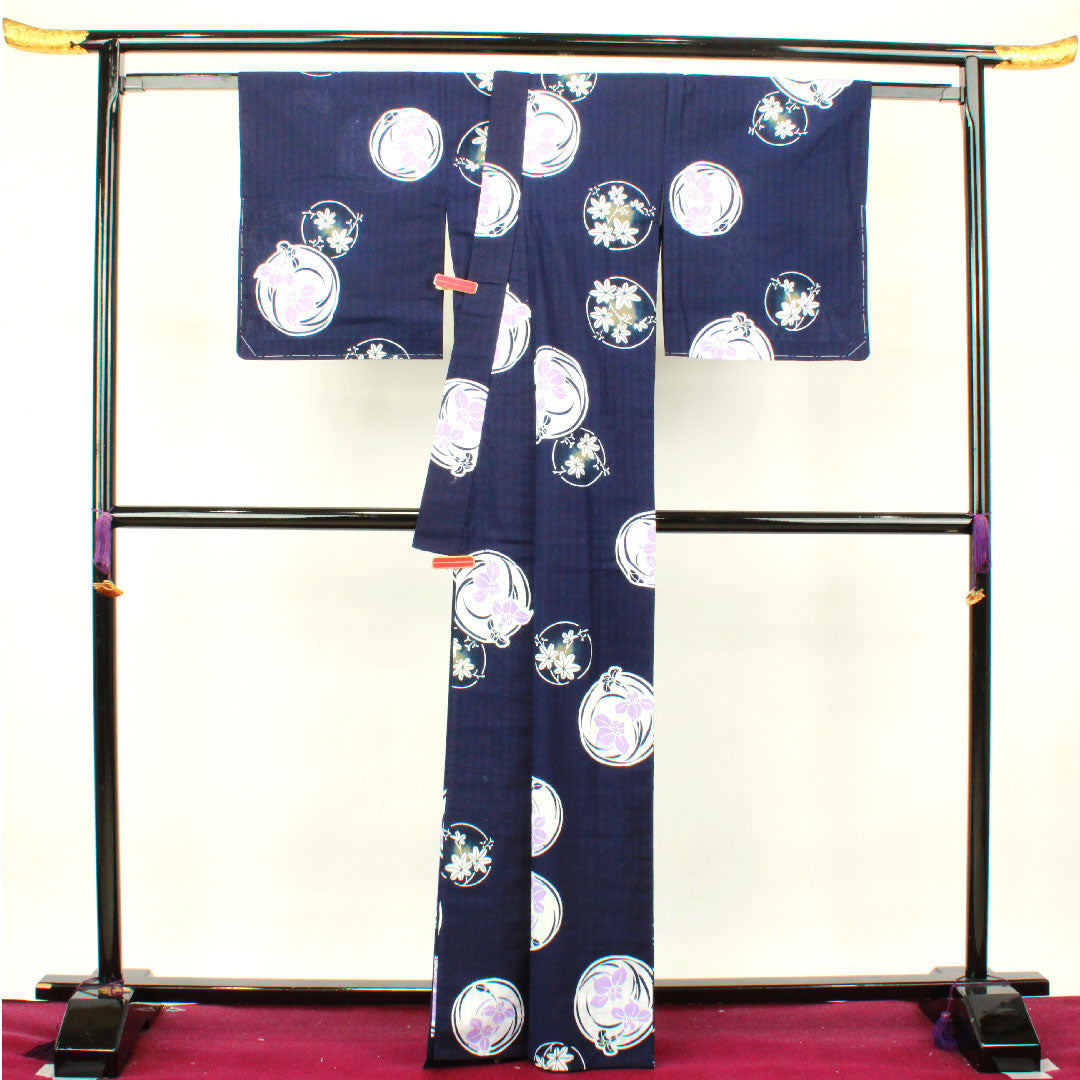 Yukata with basting thread, unused, dark blue, iris, cotton, S rank, single layer, length 166cm, sleeve length 67.5cm, navy blue, 1118002822518