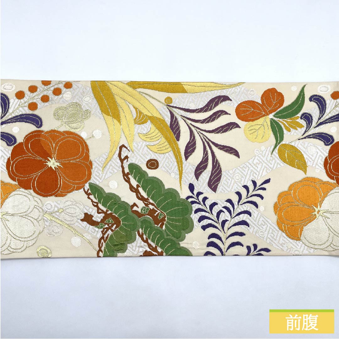 Fukuro Obi, pure silk, off-white, chrysanthemum, pine, Shirayaen Oba, obi length 426cm, A rank, six-pass, formal, cream color, 1123012073315