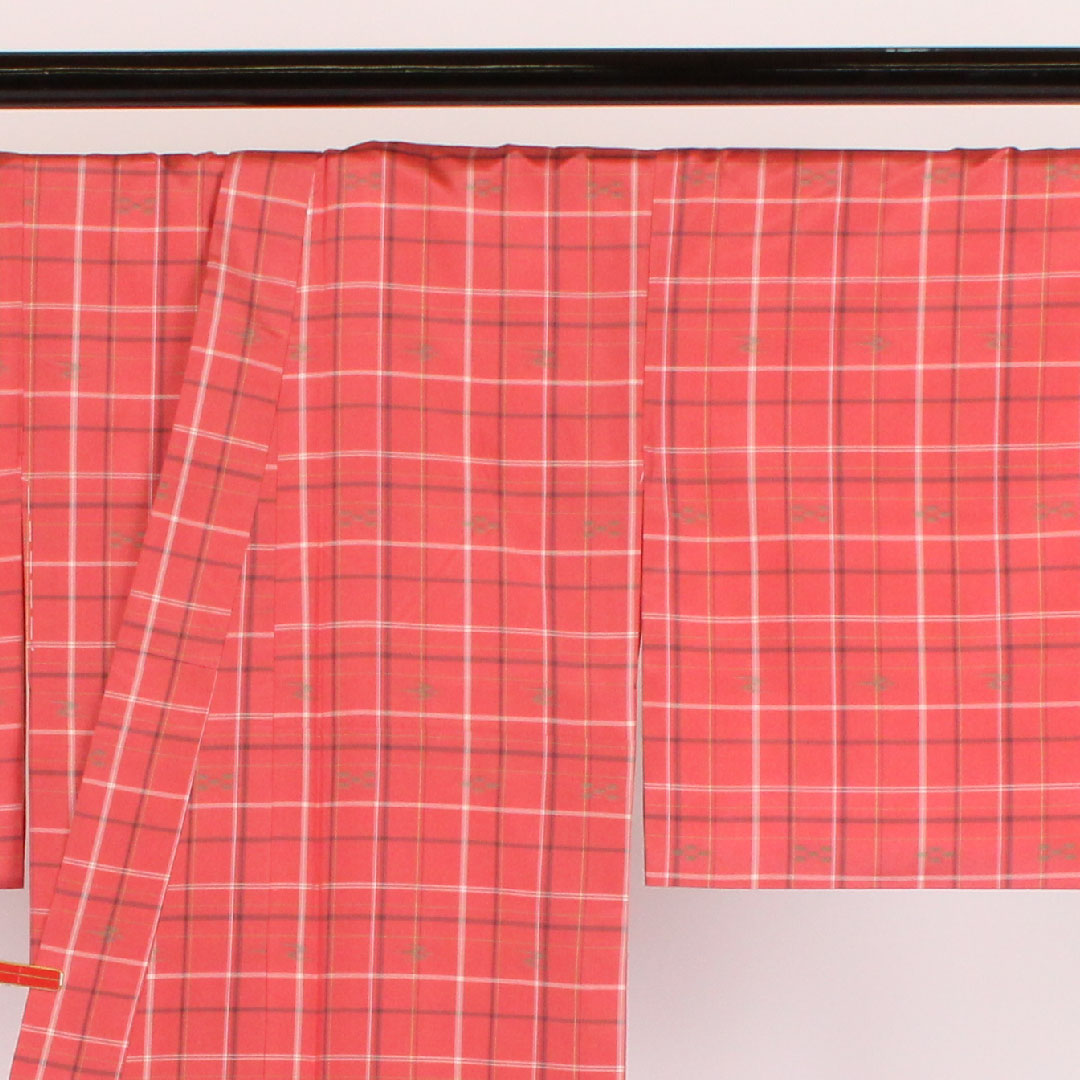 Striped Oshima Tsumugi Length 166cm Sleeve length 64.5cm Kasuri pattern Pure silk A rank A-lined Pink 1116000373413