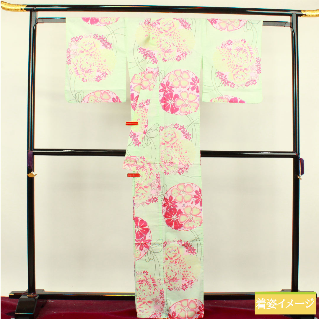 浴衣 木綿 身丈166.5cm 裄丈66cm Sランク 単衣 緑系 白緑色（びゃくろくいろ） 菊 撫子 1118004712519