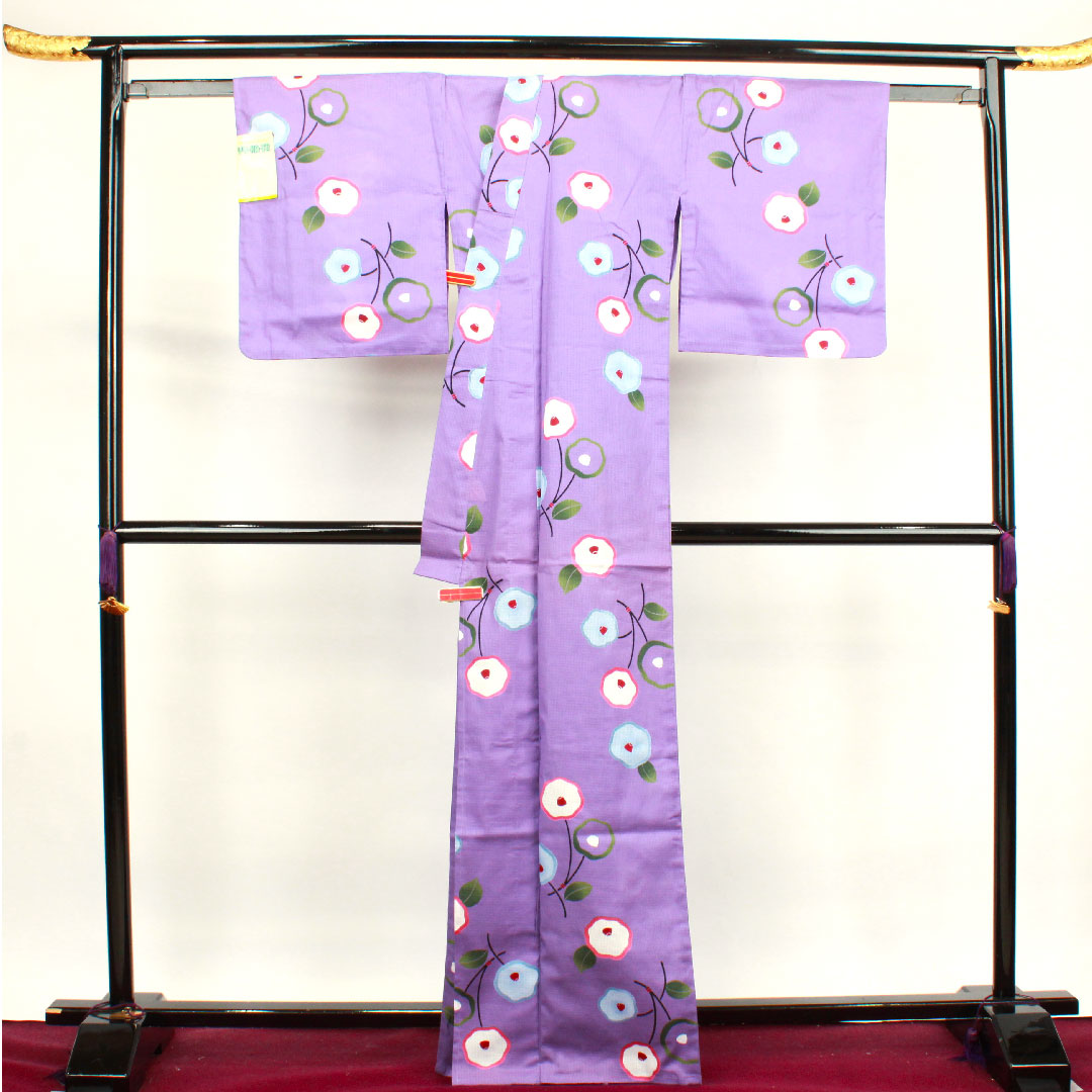 浴衣 葵色 抽象花 木綿 Sランク 単衣 身丈166cm 裄丈66.5cm 紫系 1118001292520