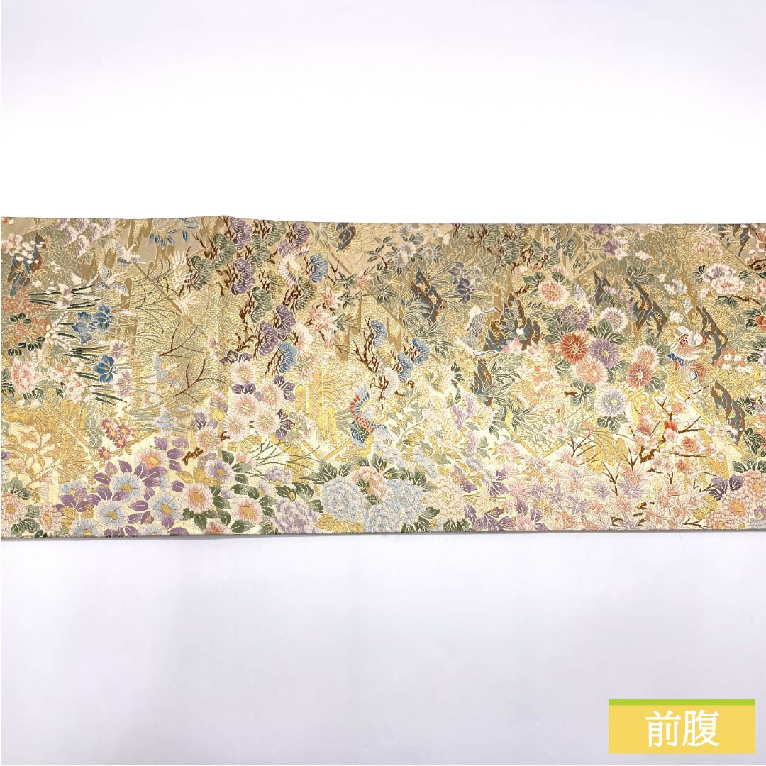 Formal, gold-tone, pure silk obi, A-rank, classic pattern, flower and bird motif for banquets, 436cm long, six-fold obi, suitable for formal wear. Product number: 1123015503321