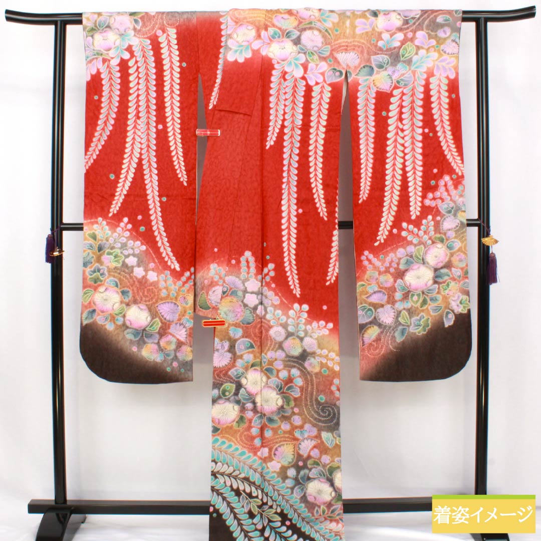 振袖 正絹 Sランク 身丈178cm 裄丈69cm 袷 濃紅葉色（こいもみじいろ） 銀通し 絞り 辻ヶ花 作家物  赤系 1113002712812