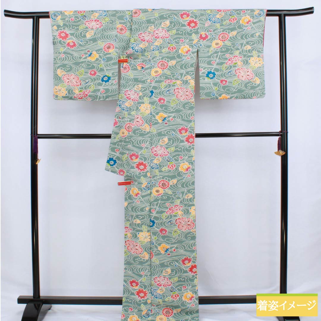 小紋 正絹 身丈169.5cm 裄丈68.5cm 袷 山藍摺色（やまあいずりいろ） 京紅型 ちりめん地 流水 草花模様 Aランク 青系 1115006163517