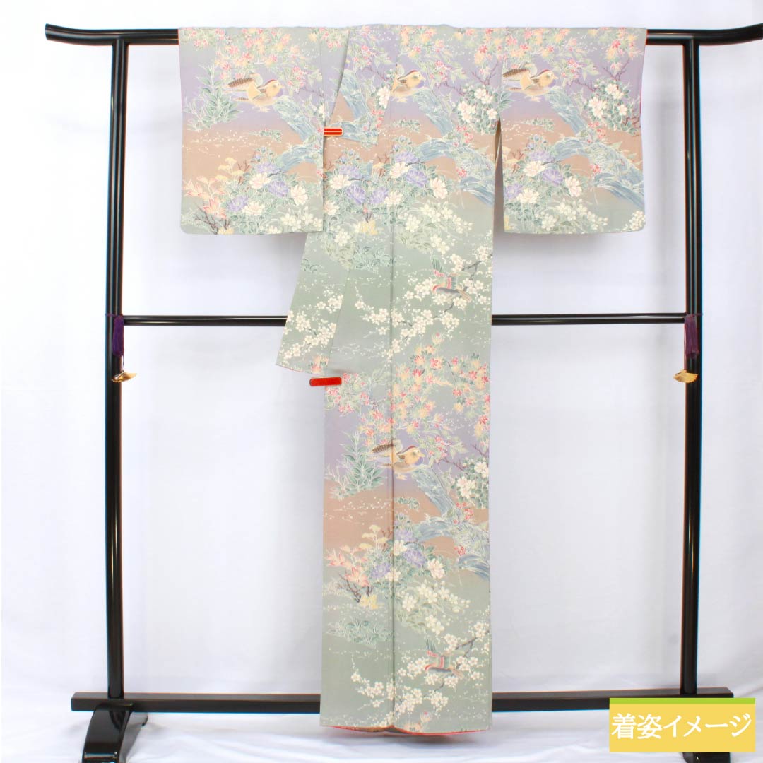 小紋 正絹 身丈160.5cm 裄丈64cm 袷 花鳥模様 しつけ糸付き Sランク グラデーション系 1115005782499