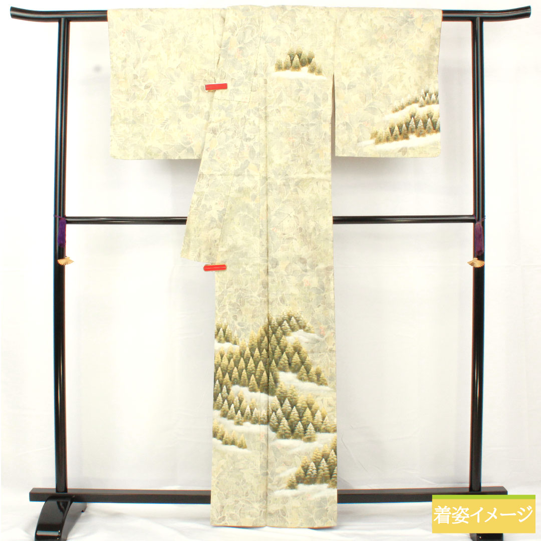 訪問着 正絹 袷 身丈163cm 裄丈65cm 蒸栗色（むしぐりいろ） 紬地 風景模様 草花模様 Sランク 緑系 1112005042419