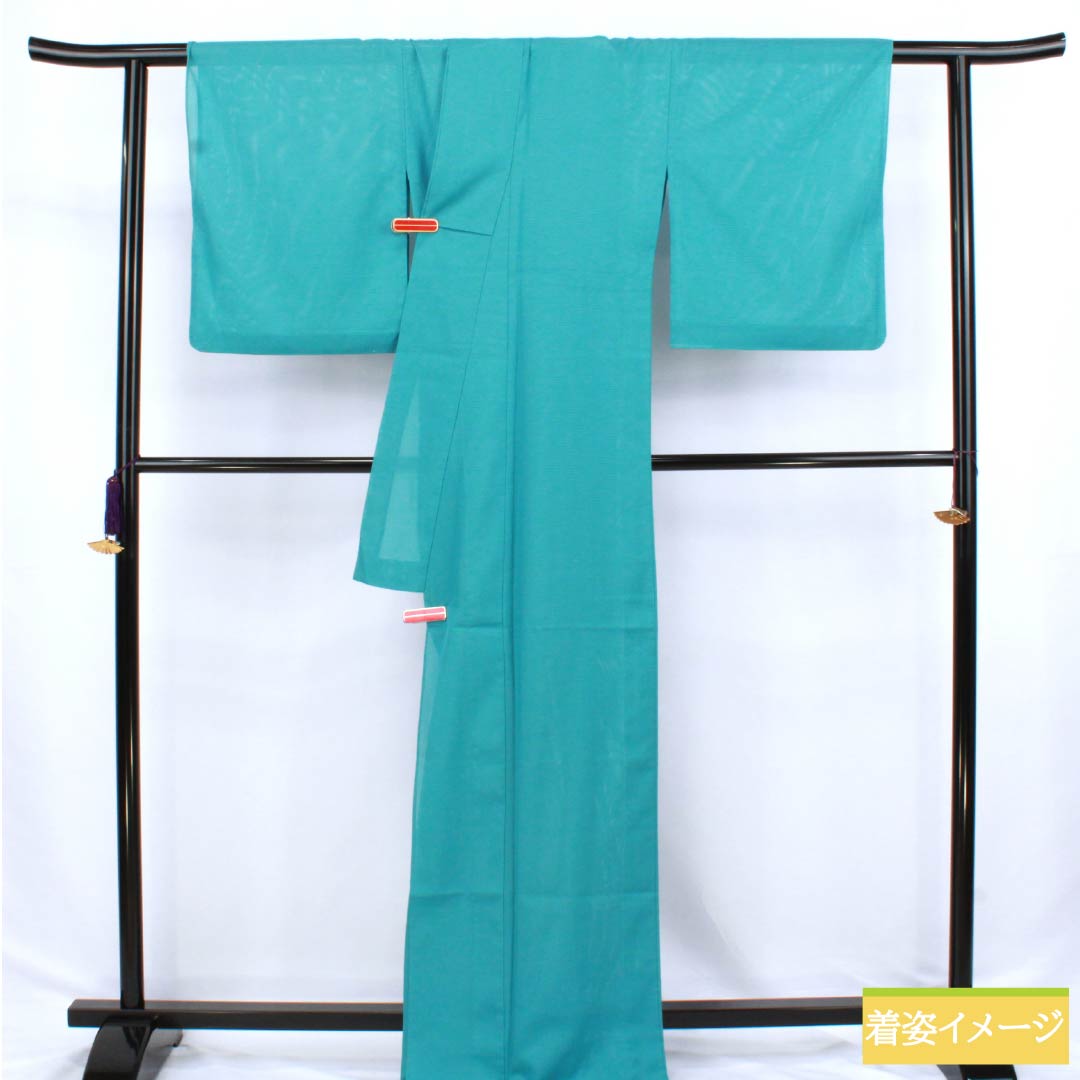 夏物 ポリエステル 色無地 Sランク 身丈171.5cm 裄丈70cm 浅葱色（あさぎいろ） 一つ紋 五三桐 洗える着物 絽 水色系 1132003052624