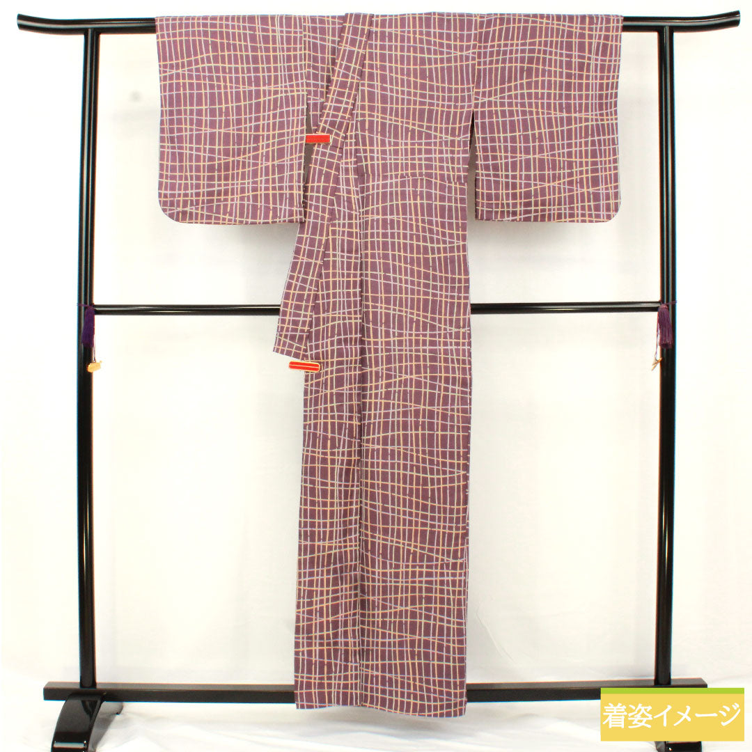 Small pattern, polyester, length 159cm, sleeve length 66cm, single layer, ancient purple, washable kimono, checkered pattern, A rank, purple, 1115004863320