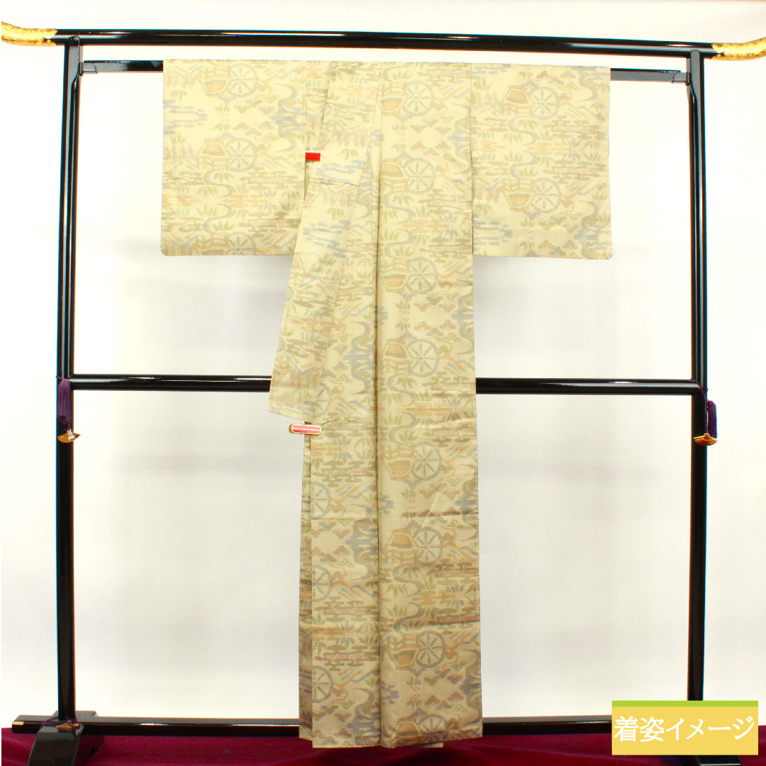 大島紬 正絹 身丈157.5cm 裄丈64.5cm  蕎麦切色 緯総絣 風景模様 Aランク 袷 ベージュ系 1116002883325