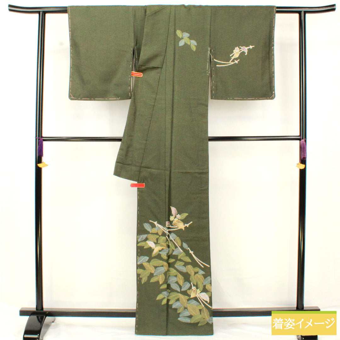 Homongi (formal kimono) made of polyester, lined, length 165cm, sleeve length 63cm, indigo sea pine brown, washable kimono, Matsuba, A rank, green, 1112005843519