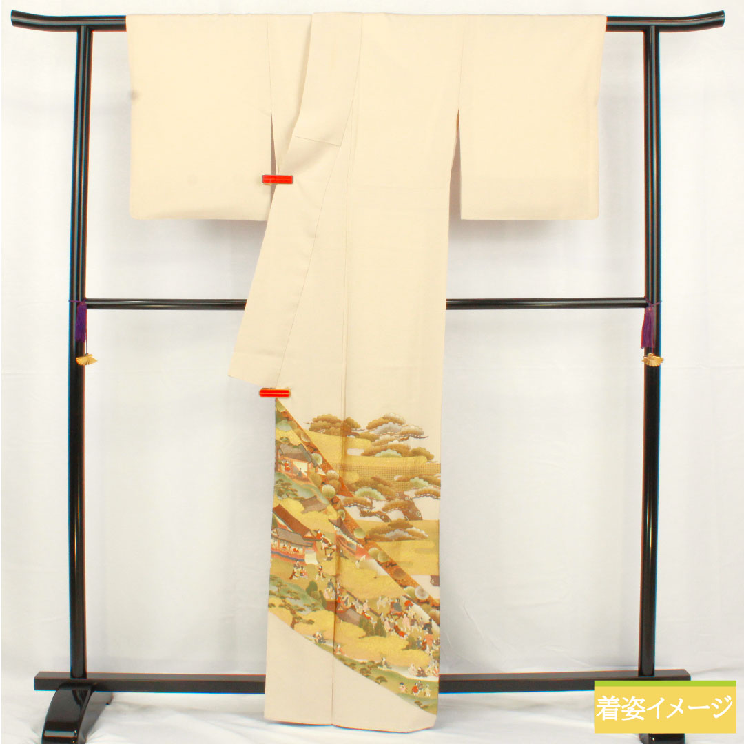 Colored Tomesode, pure silk, length 163cm, sleeve length 64cm, lined, white neri-iro (white paste color), Kyoto Yuzen embroidery, historical figures and landscape pattern, one crest, three oak leaves, pearl tone finish, A rank, beige, 1111001493425